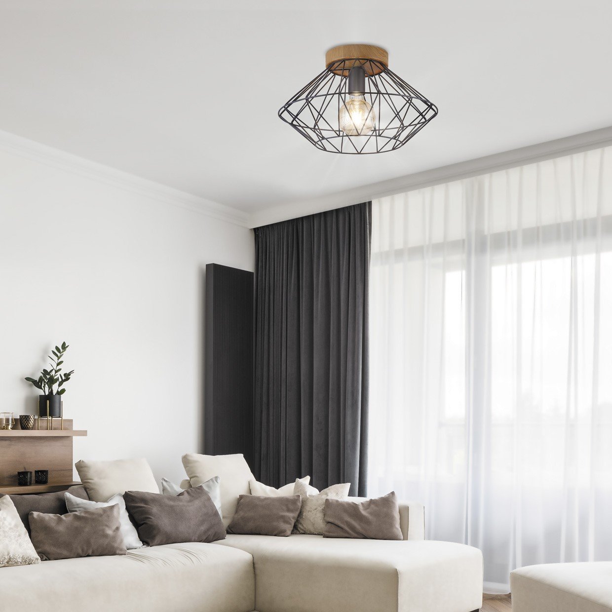 PLAFON ANTIBES NEGRO Y MADERA 1 X 60W E-27 - Imagen 2